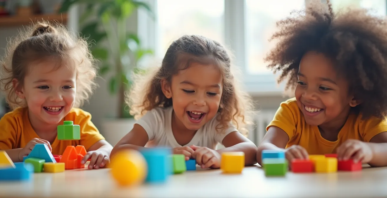 Illustration montrant des enfants de différents âges jouant à des jeux adaptés à leur développement : les plus jeunes avec un jeu simple de manipulation, les moyens en compétition claire, les plus grands avec une activité stratégique