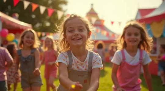Une scène de kermesse d'anniversaire animée montrant des enfants riant et jouant ensemble autour de stands de jeux avec des structures gonflables et des décorations colorées