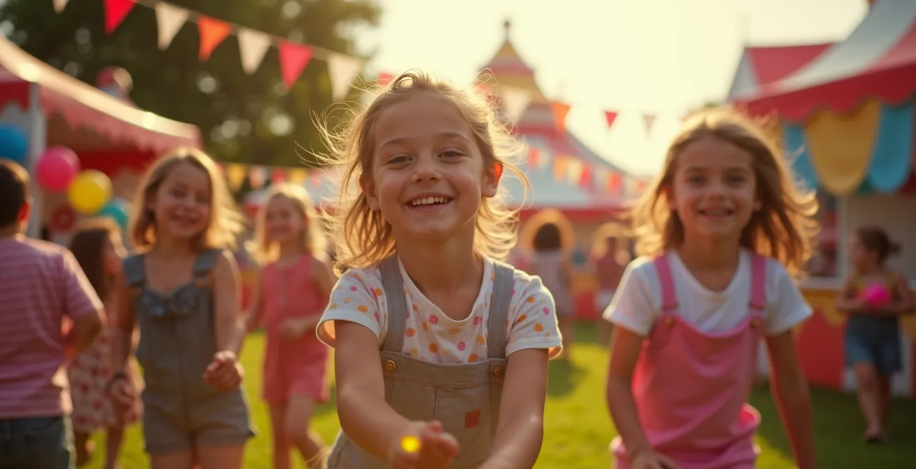 Une scène de kermesse d'anniversaire animée montrant des enfants riant et jouant ensemble autour de stands de jeux avec des structures gonflables et des décorations colorées