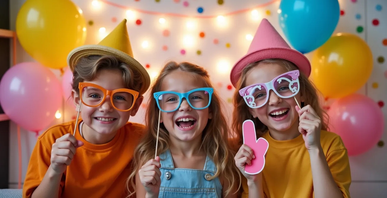 Stand photo-booth festif d'une kermesse où des enfants posent avec des accessoires amusants comme des chapeaux, des lunettes décalées, devant un fond coloré avec ballons et décors thématisés