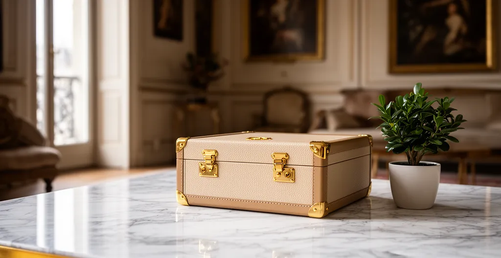 Coffret d'édition de luxe posé sur table basse, ambiance salon parisien raffiné