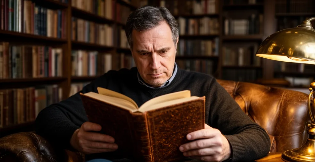 Homme lisant un livre relié dans un fauteuil de bibliothèque, ambiance cultivée