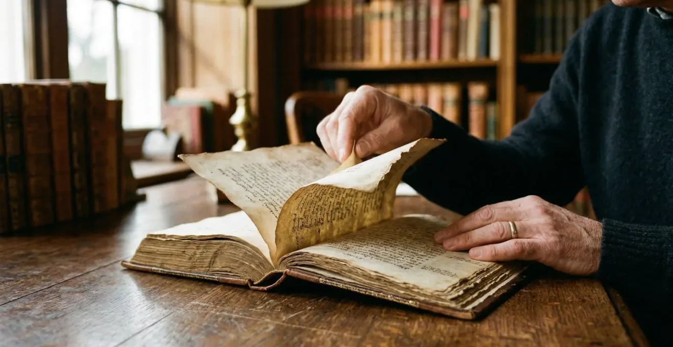 Mains feuilletant un vieux manuscrit sur un bureau en bois baigné de lumière naturelle de fenêtre