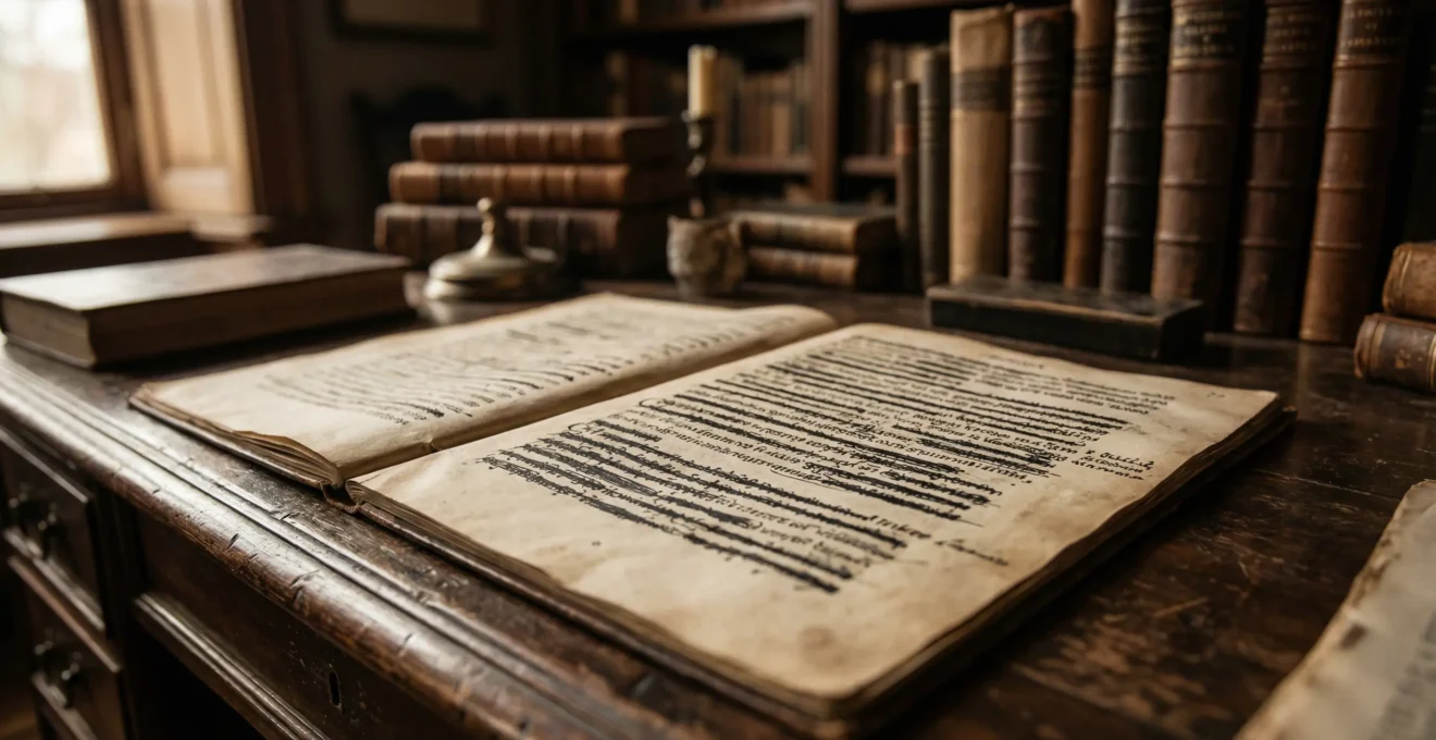 Pages manuscrites anciennes avec ratures visibles posées sur bureau en bois patiné