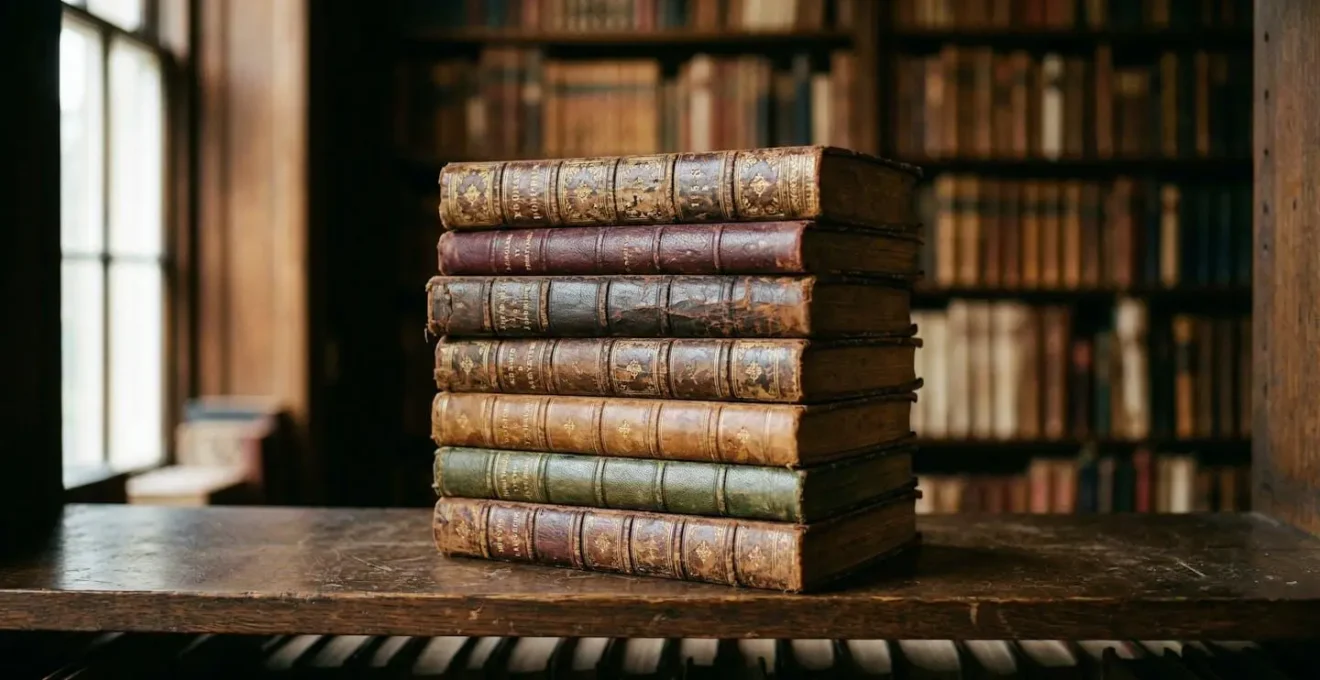 Pile de livres anciens reliés cuir sur une étagère de bibliothèque baignée de lumière naturelle douce