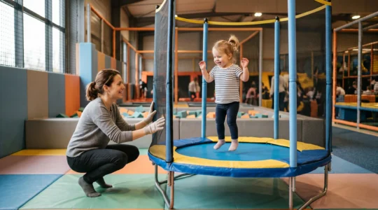 Un tout-petit saute doucement sur un mini-trampoline dans un parc de trampolines, son parent à côté.
